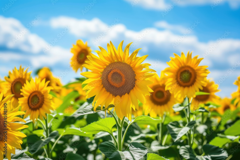 field of sunflowers, with a blue sky and white clouds in the background