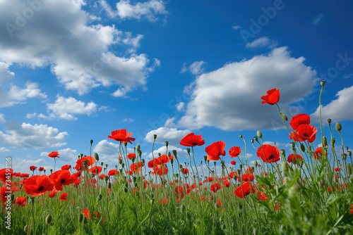 field of poppies, with a blue sky and white clouds in the background