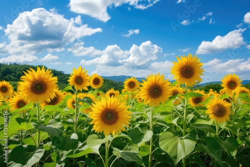 field of sunflowers  with a blue sky and white clouds in the background