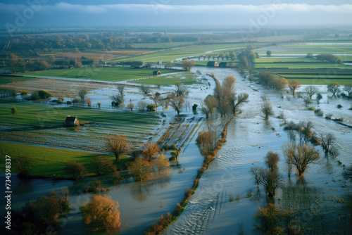 flood in a river valley, with water covering the fields and roads photo