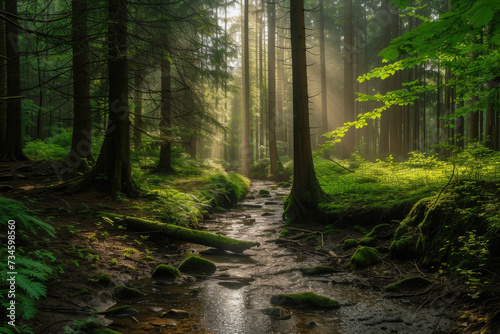 forest with a stream running through it, with sunlight filtering through the trees © Formoney