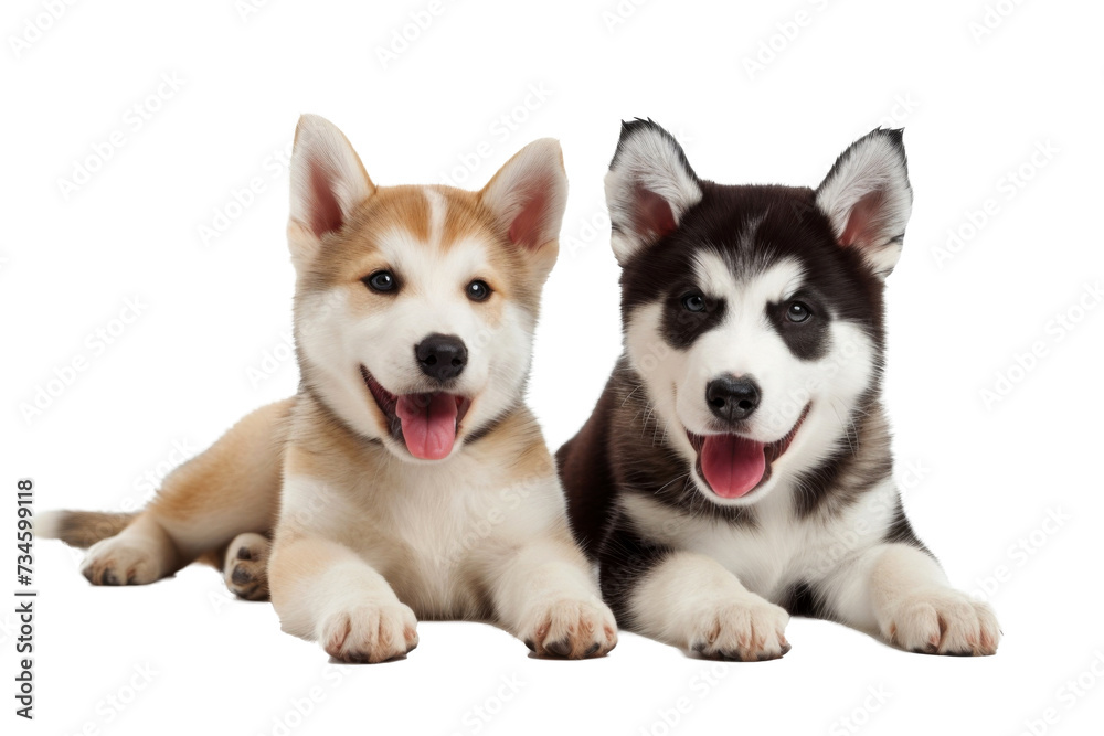 Couple of Cute fluffy portrait smile Puppy dog that looking at camera isolated on clear png background, funny moment, lovely dog, pet concept.