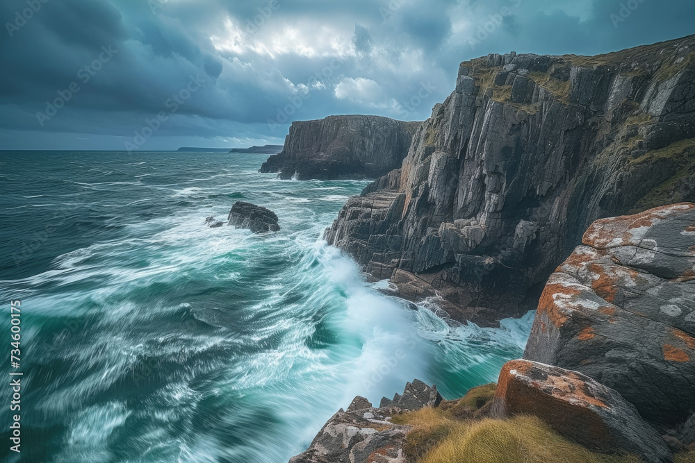 rocky coastline with waves crashing against the cliffs