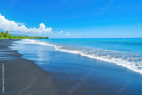 beach with black sand and a clear blue sky