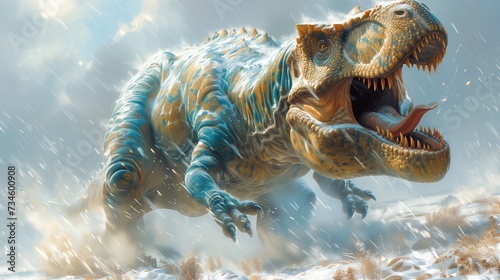 Tyrannosaur under the snowfall open mouth and roar. Wondering and fear emotions of the big strong t-rex. Global cooling related illustration.  © vellot
