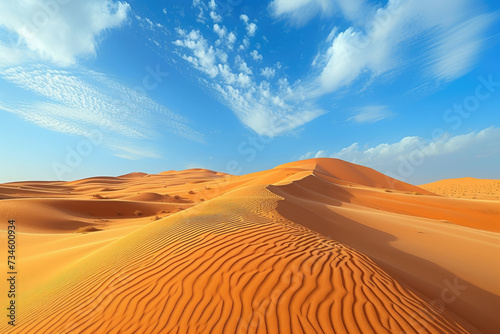 view of a desert landscape with sand dunes and a blue sky