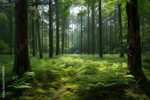 view of a forest with tall trees and a carpet of ferns on the ground