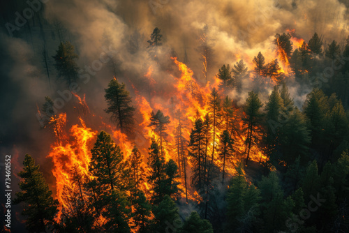 wildfire burning through a forest  with flames