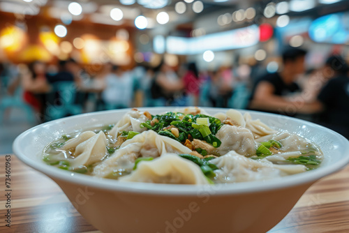 close-up shot of a bowl of wonton soup, with thin wrappers and a savory pork filling photo