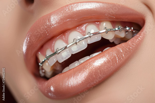 model wearing a dental brace and a tooth overlay on their mouth