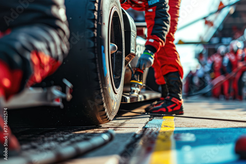 close-up of a professional pit crew adjusting the aerodynamics of a race car during a pitstop photo