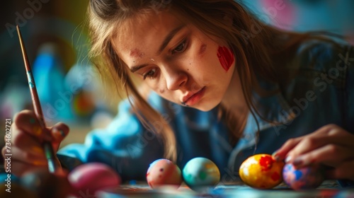 Child Creatively Painting Colorful Easter Eggs  Close-Up Indoor View