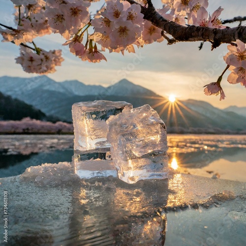Ice cube with srping season nature background.
