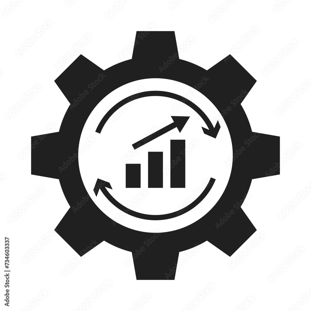 Productivity business growth rate icon. Growth graph, rotating arrow indicating time interval with gear production process Productivity business growth rate icon. Growth graph, rotating arrow indicating time interval with gear production process
