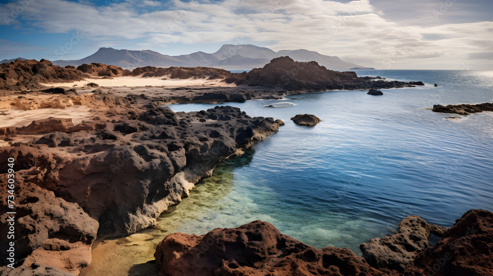 Fototapeta premium sea and rocks,, View of the beaches of corralejo, fuerteventura, canary islands 