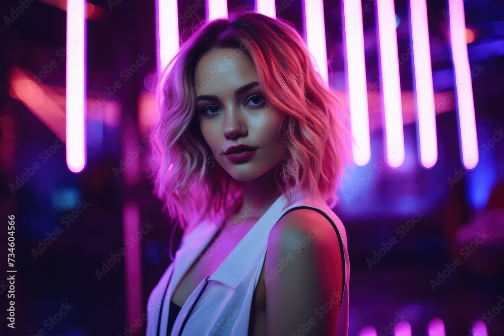 portrait of a beautiful woman posing with neon light of a bar