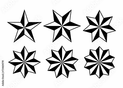 Stars icon set vector. Different shape of black and white stars isolated on white background.  