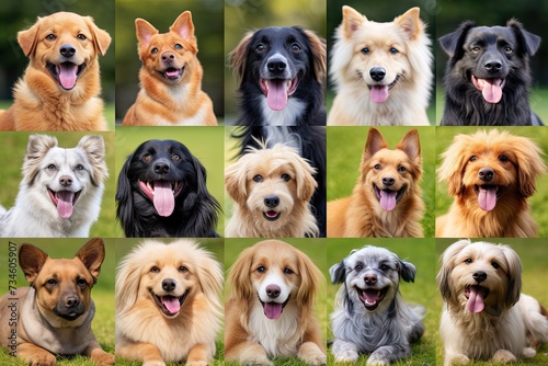 Dogs of different breeds collage. Cute doggies or pets are looking happy isolated on colorful or gradient background. Studio photoshoots. Flyer for your ad, Generative ai