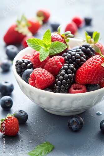 Bowl of assorted berries with mint leaves on a blue surface