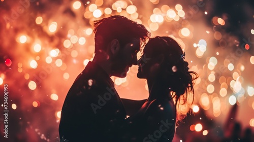 Silhouetted Couple Sharing Intimate Moment Amidst Sparkling Lights