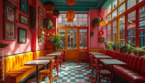 colorful retro cafe room with colorful