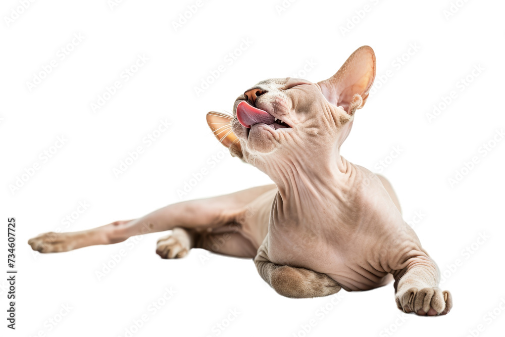 Hairless cat licking itself clean, isolated on transparent background.