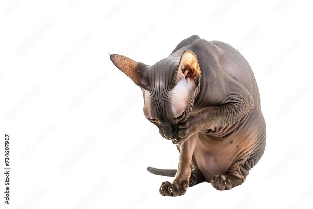 Sphynx hairless cat cleaning itself, isolated on transparent background.