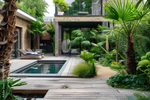 The exterior of a back garden patio area with wood decking, tropical plants, a mini pool