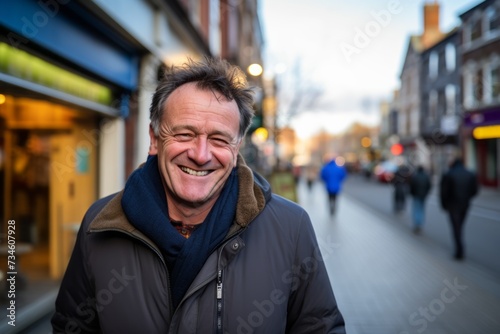 Portrait of a happy senior man in a city street at dusk