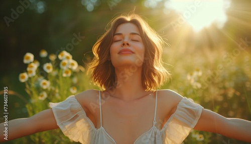 relaxed woman breathing fresh air on outdoor