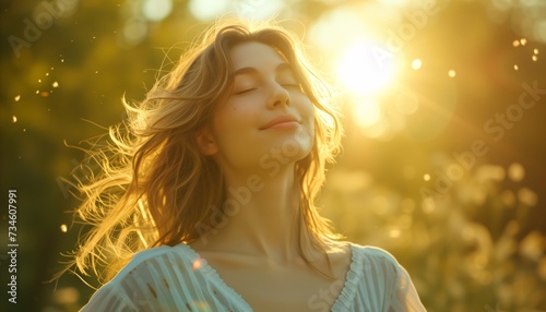 woman relaxing breathing fresh air of nature photo