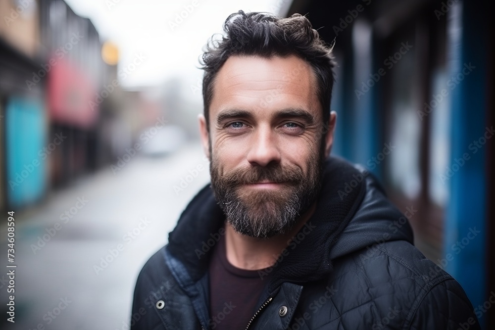 Portrait of a handsome man with beard and mustache in the city Portrait of a handsome man with beard and mustache in the city