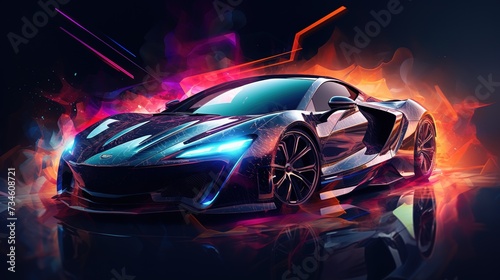 The car stands in a parking lot in neon light rear view Sports car futuristic autonomous vehicle