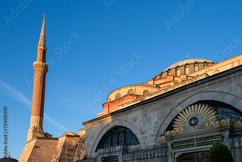 Detail of Hagia Sophia, the iconic historical site in Istanbul, Turkey. Originally a 6th-century church, it transformed into a mosque, then a museum, and was officially reconverted in 2020. photo