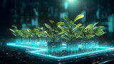 Scientific research in the field of biology and chemistry of nature,,
Cyberpunk three pots of glowing plants on the board 