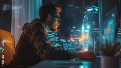 A focused man works at night in the office on a futuristic holographic project against the background of a night city with a place for text photo