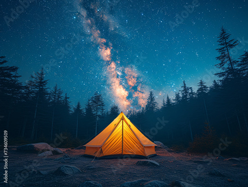 Illuminated tent under dark sky with stars and milky way shining bright above incredible camping site.Star Gazing.Ai 