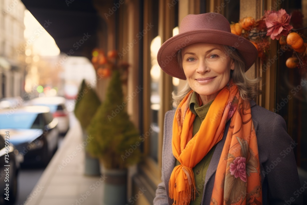 Portrait of smiling mature woman in hat and scarf walking on city street