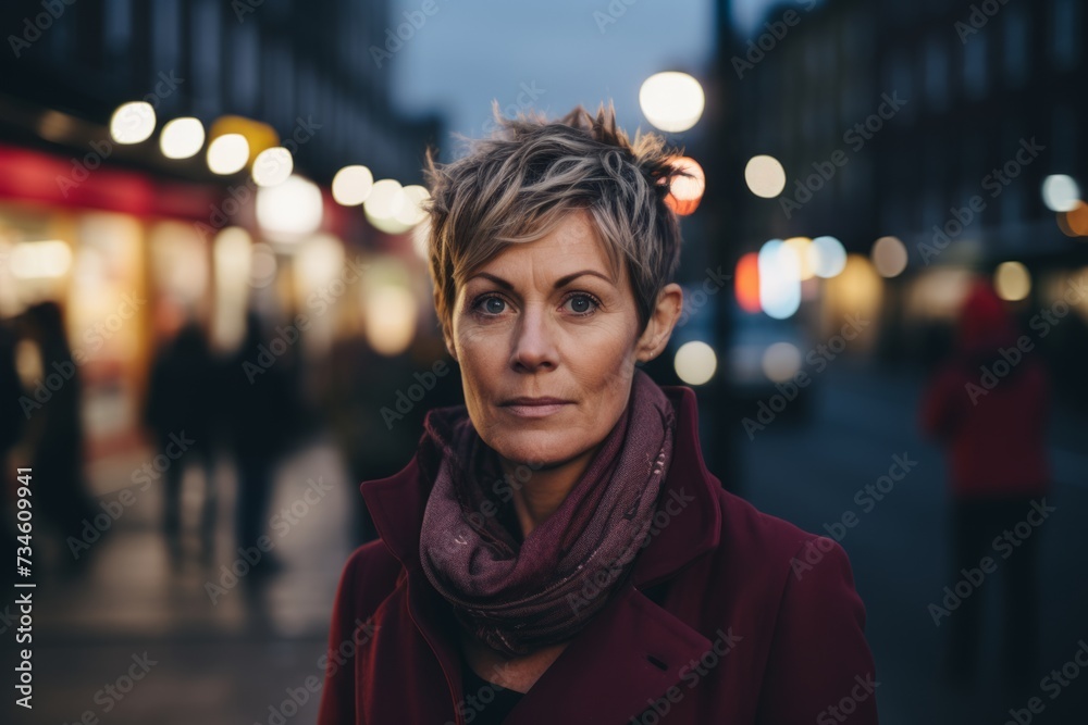 portrait of a middle-aged woman in the city at night portrait of a middle-aged woman in the city at night