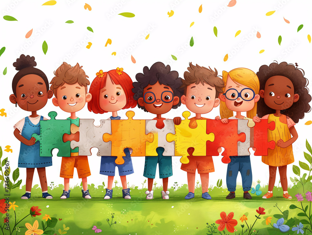 progress development concept characters hold hands... Diverse kids hold study elements pieces as together solve problem ...