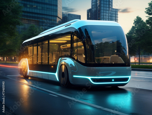 The concept of a modern bus without a driver of the future. A prototype of a bus driving on a city street with zero exhaust emissions 