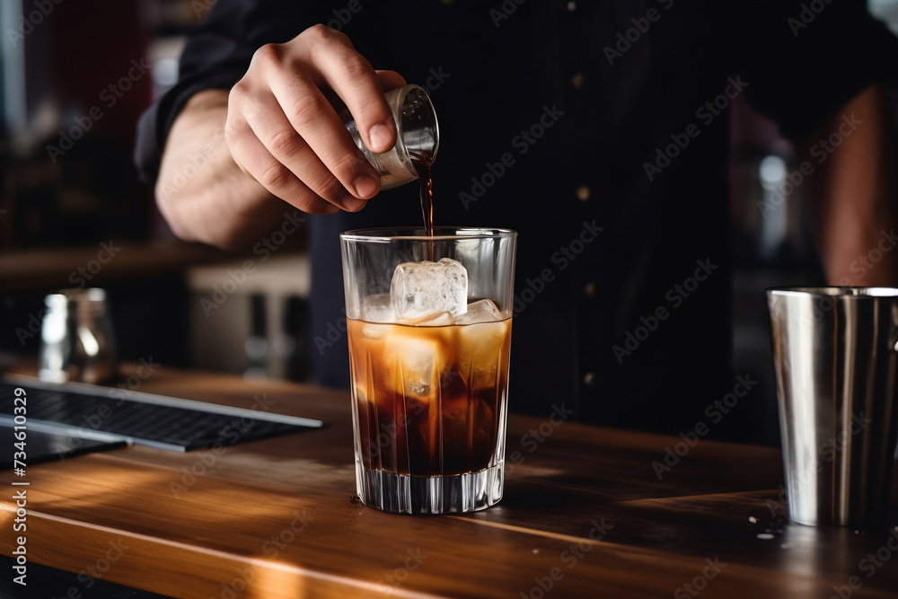 Bartender Serving a Refreshing Iced Cold Brew Coffee, Hospitality and Gourmet Drink Concept