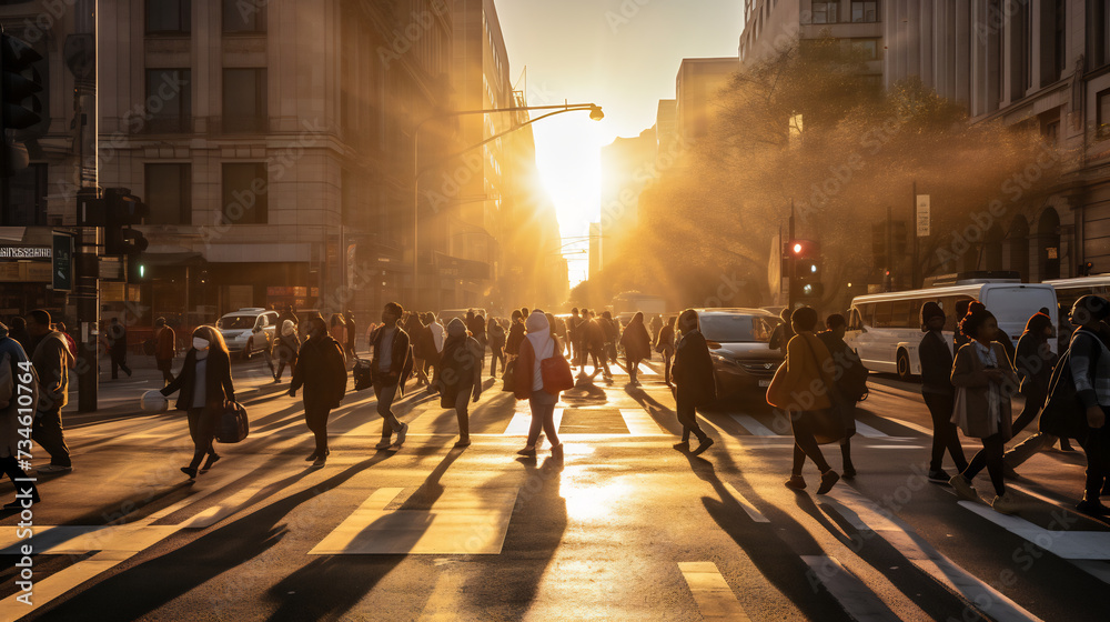 Busy City Life, Crowd of People Crossing Urban Street at Golden Hour. Metropolitan Rush Hour Concept