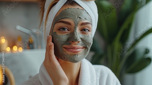 A woman takes care of her face at home in a bedroom, applying a nourishing blue mineral clay face mask. Home care for aging facial skin, spa treatments at home, time for yourself