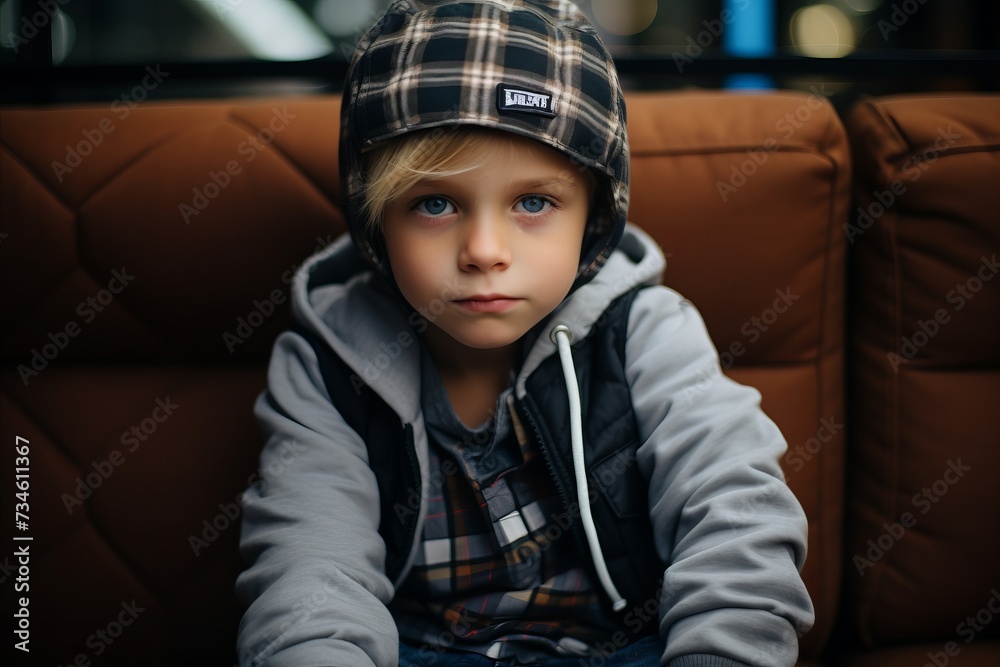 Portrait of a little boy in a cap and jacket sitting in the cafe Portrait of a little boy in a cap and jacket sitting in the cafe