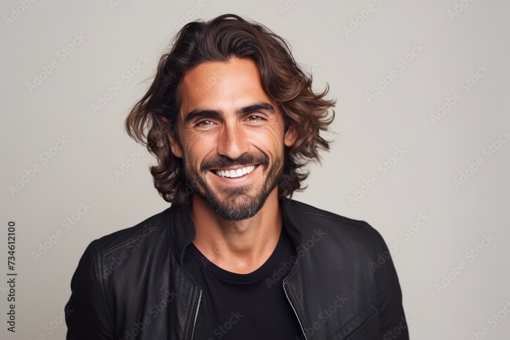 Obraz premium Portrait of a handsome man smiling at the camera while standing against gray background