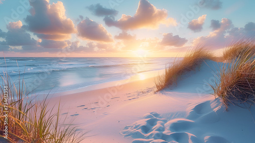 Beautiful dunes beach at sunset North Sea Germany, generative ai photo