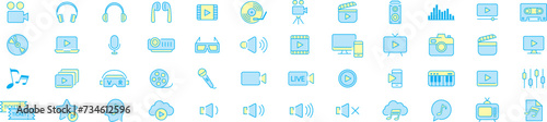 Video line icon set. camera, movie, video, music, cinema, audio, play, pause, media, content, live, production, player, collection vector