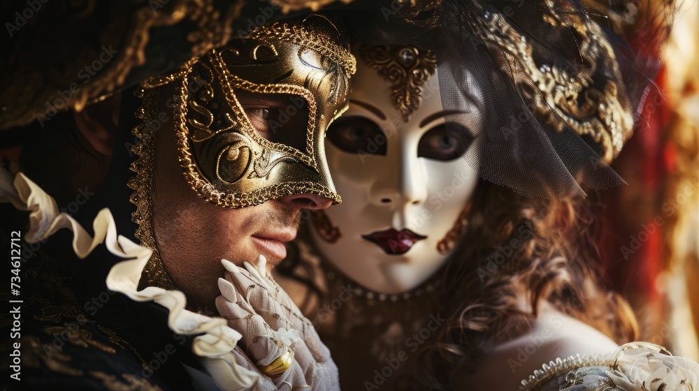 elegant,masquerade,ball,mysterious,masked,couple,golden,venetian,masks,rich,costume,detail,romantic,vintage,setting