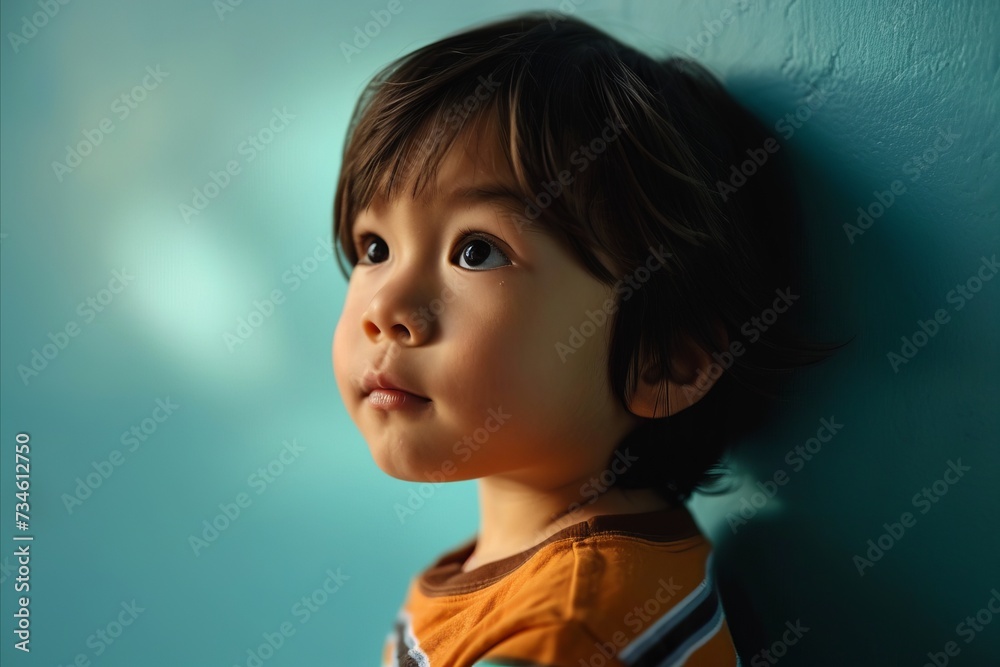Portrait of a cute little boy on a blue wall background. Portrait of a cute little boy on a blue wall background.